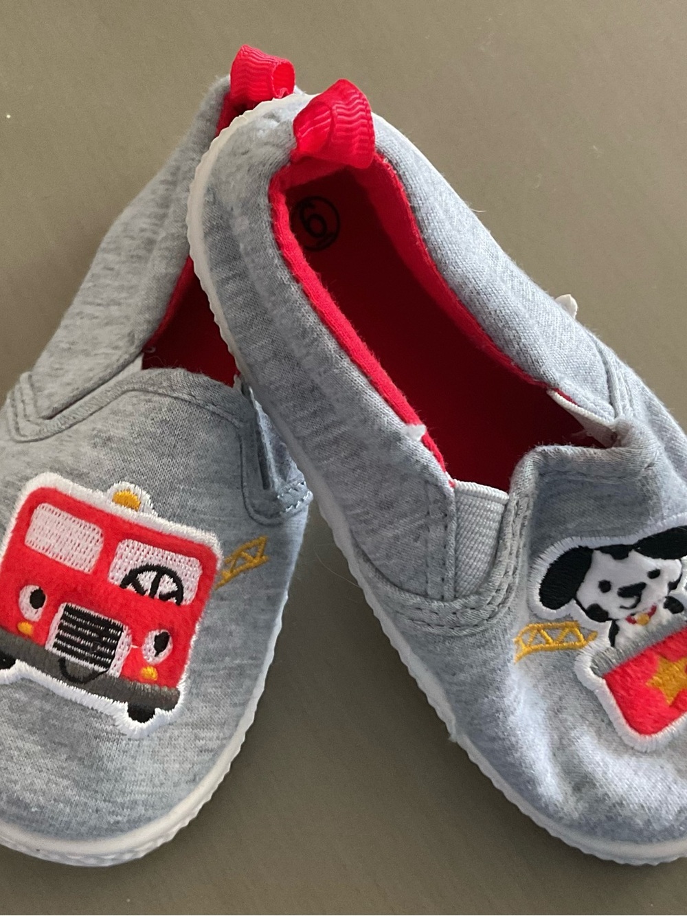Gray Slip-On Kids Shoes with Red Fire Truck and Dalmatian Patches